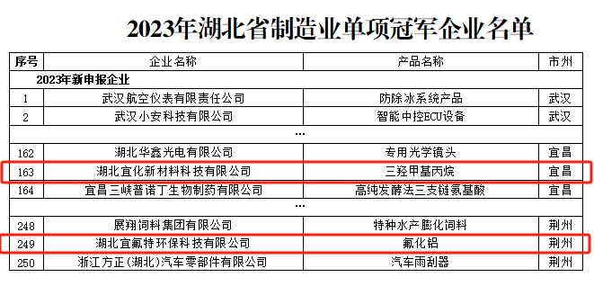 宜化新材料、宜氟特環(huán)保公司獲評(píng)2023年湖北省制造業(yè)單項(xiàng)冠軍企業(yè)(圖1)