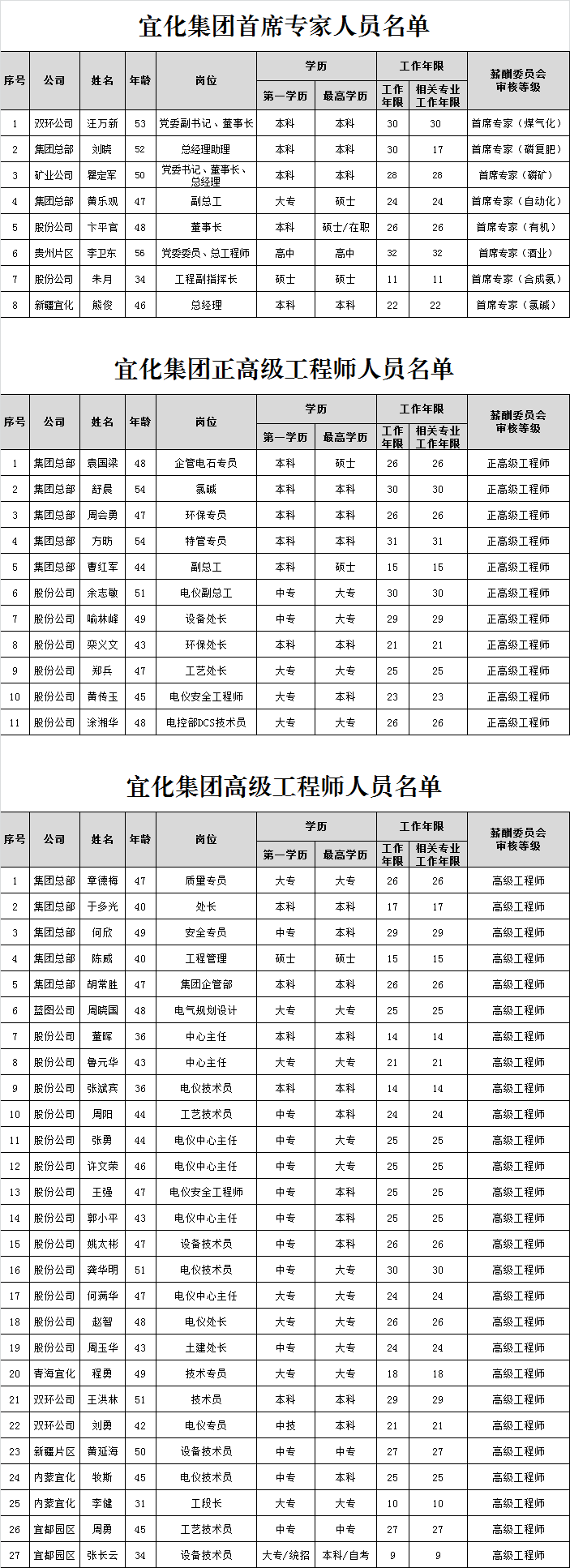 宜化集團首席專家、正高級工程師、高級工程師評審結(jié)果公示